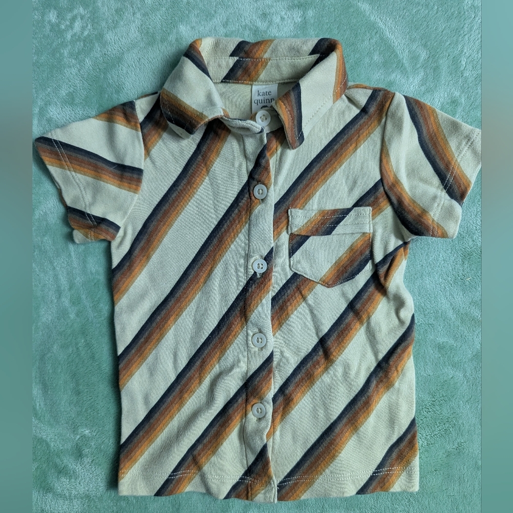Kate Quinn Kids Button Down Shirt - Tan and Cream Stripes 12- 18 Month